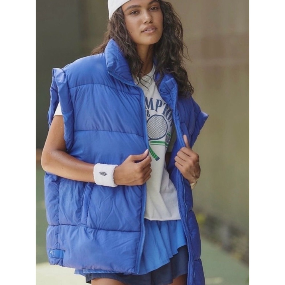FP Movement In a Bubble Puffer Vest Women L Blue Oversized Quilted Zip